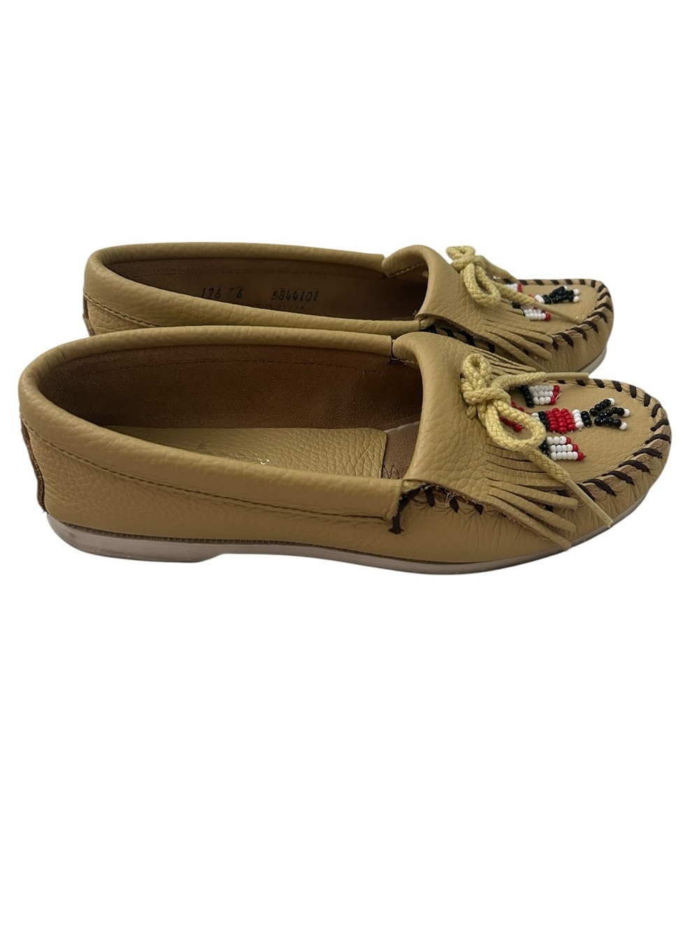 Minnetonka Tan Beaded Leather Fringe Moccasins - Picture 2 of 4
